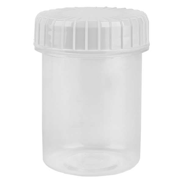 Pot en plastique transparent 40 ml + couvercle à vis blanc strié en PE, fermeture standard