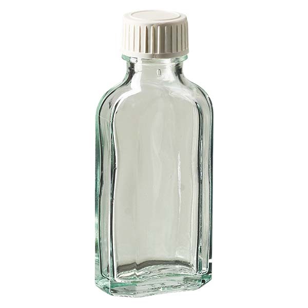 Flasque transparente de 50 ml au goulot DIN 22, avec bouchon à vis DIN 22 blanc en PP et joint mousse en PE
