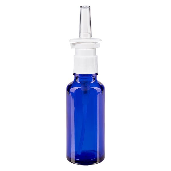 Flacon compte-gouttes bleu 30 ml avec spray nasal blanc