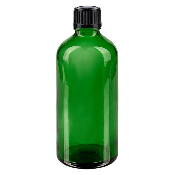 Flacon pharma. vert 100 ml bouch. à vis noir