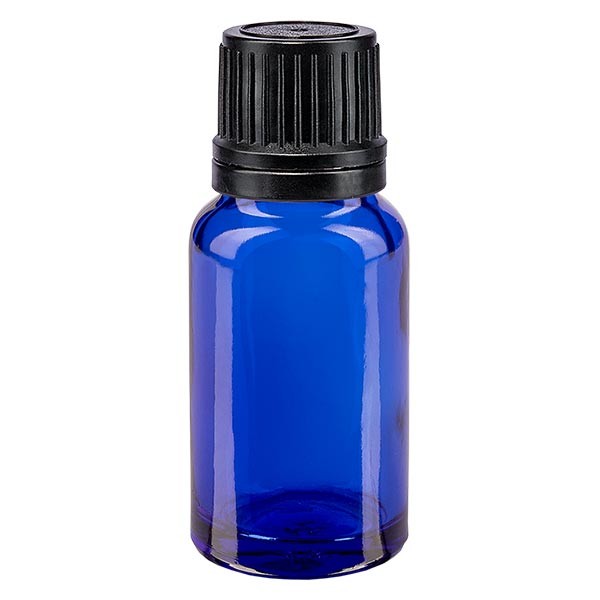 Flacon pharma. bleu 10 ml bouch. à vis noir bague anti-g. inviolable