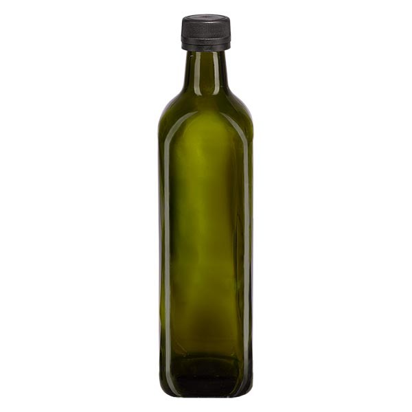 Bouteille carrée vert olive 750 ml + capsule à vis noire (PP 31,5 mm) et bague anti-gouttes avec système d&#039;inviolabilité