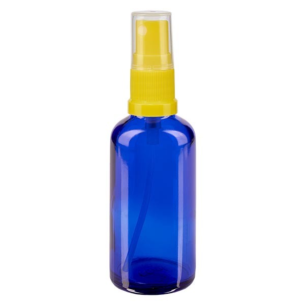 Flacon compte-gouttes bleu 50 ml avec vaporisateur à pompe jaune