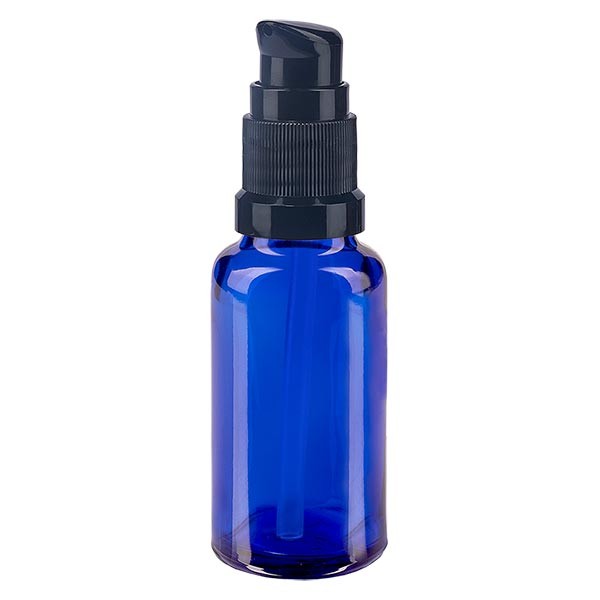 Flacon compte-gouttes bleu 20 ml avec bouchon à pompe noir