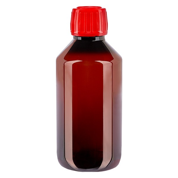 Flacon médical de 250 ml en PET, avec bouchon à vis rouge PP28