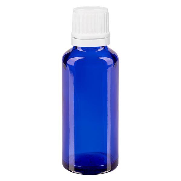Flacon pharma. bleu 30 ml bouch. compte-g. prem. 1.2 mm blanc inviol.