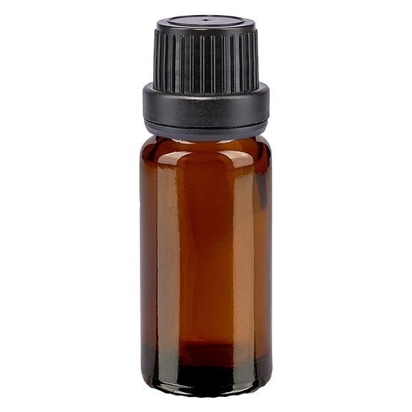 Flacon pharma. ambre 10 ml bouch. à vis noir étanche inviol.