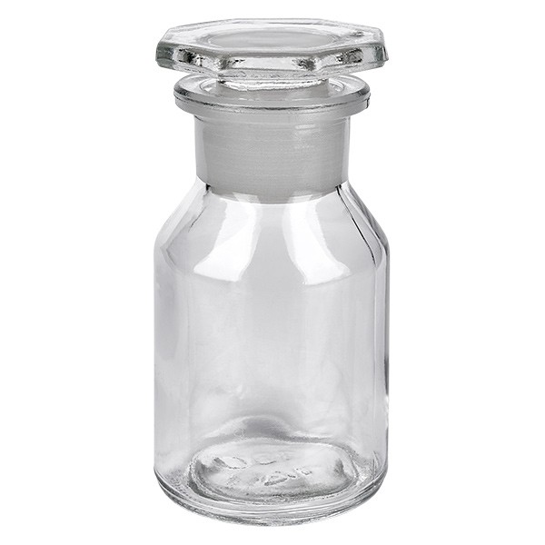 Flacon à col large et conique 50 ml en verre clair + bouchon de verre