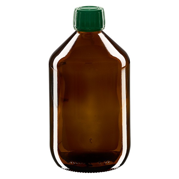 Flacon médical 500 ml couleur ambrée avec bouchon verte