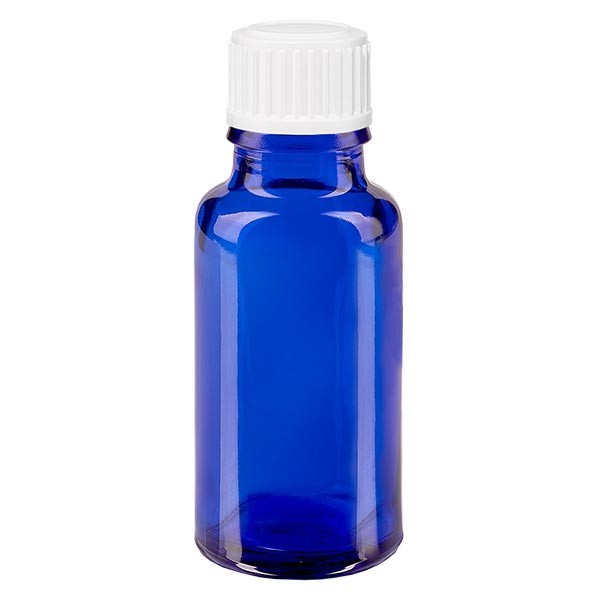 Flacon pharma. bleu 20 ml bouch. compte-g. blanc 0,8 mm st