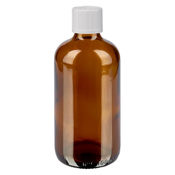 Flacon pharmaceutique ambre 100 ml bouchon á vis blanc séc. enf. standard