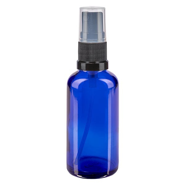 Flacon compte-gouttes bleu 50 ml avec vaporisateur à pompe noir