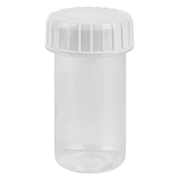 Pot en plastique transparent 20 ml + couvercle à vis blanc strié en PE, fermeture standard