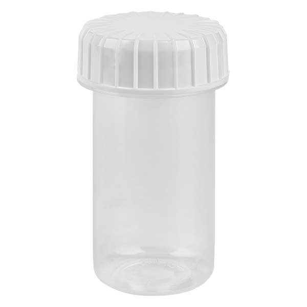 Pot en PET cylindrique transparent 250 ml avec couvercle à vis en plastique  blanc 70/400