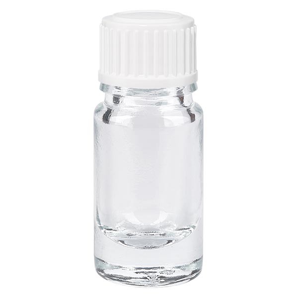 Flacon pharma. clair 5 ml bouch. compte-g. blanc 0,8 mm st