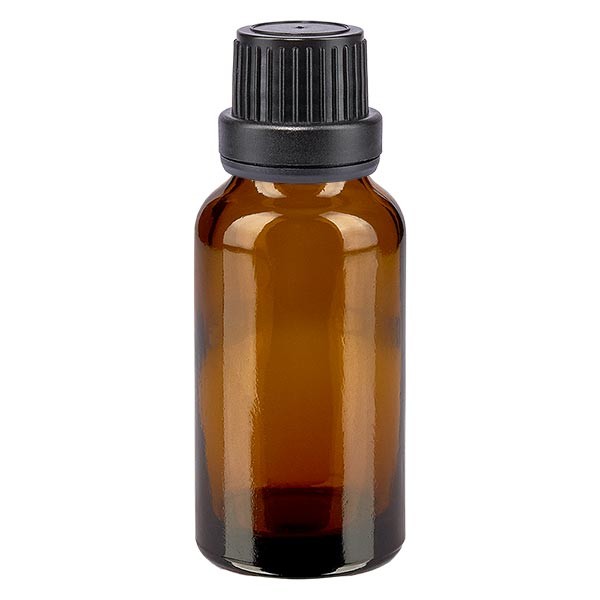 Flacon pharma. ambre 20 ml bouch. à vis noir étanche inviol.