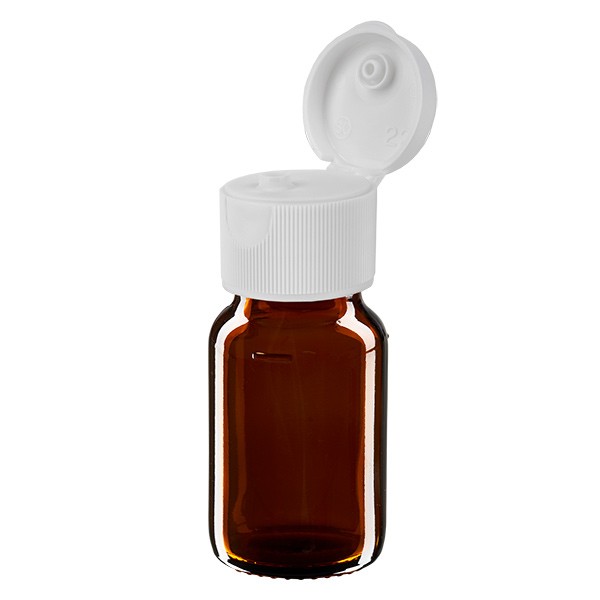Flacon médical de 30 ml avec couvercle blanc à charnière