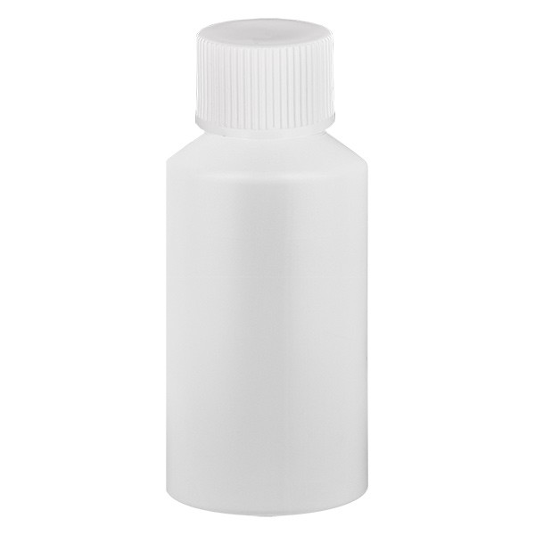 Flacon cylindrique en PET blanc 50 ml, S20x3, avec bouchon