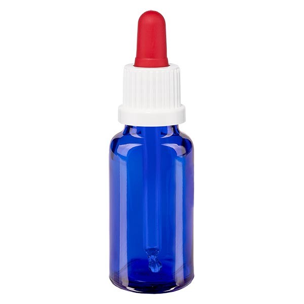 Flacon bleu 20 ml + pipette rouge et blanche à système d&#039;inviolabilité