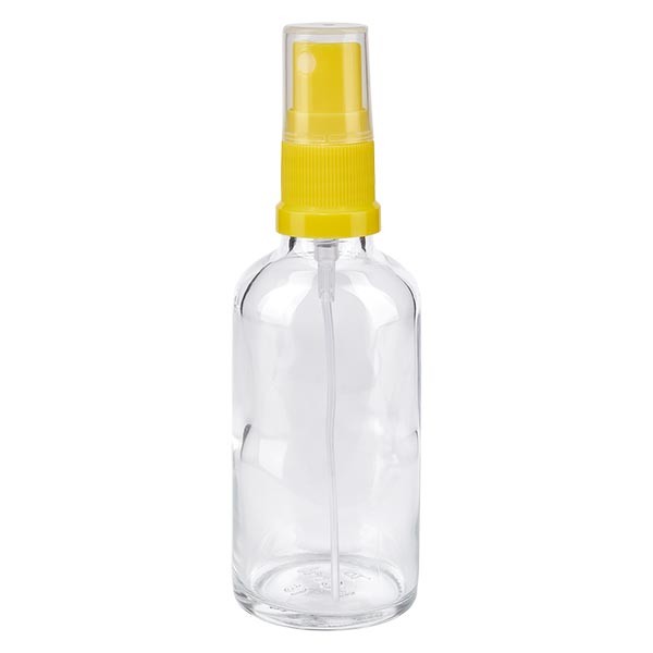 Flacon compte-gouttes clair 50 ml avec vaporisateur à pompe jaune
