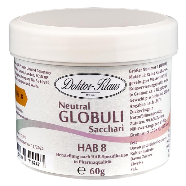 60 g globules neutres HAB 8, Doktor-Klaus, 100 % pur saccharose, en boîte inviolable