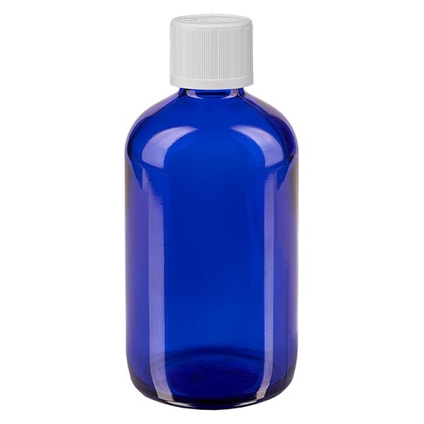 Flacon pharmaceutique bleu 100 ml bouchon á vis blanc séc. enf. standard