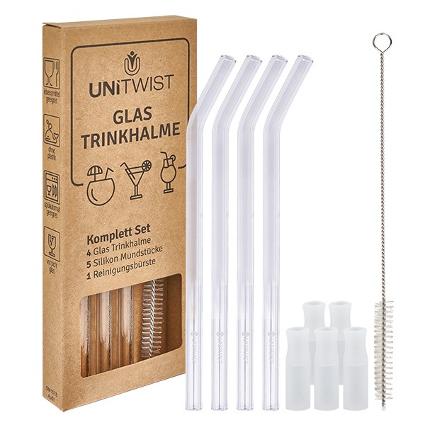 Set de pailles en verre transparent avec embouts souples UNiTWIST