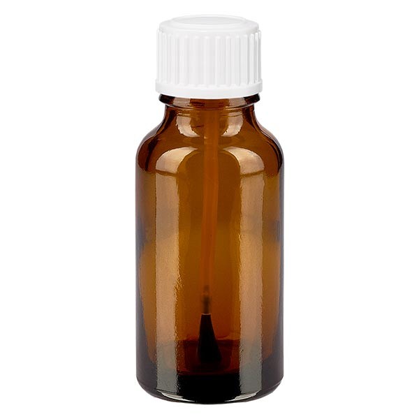 Flacon pharmaceutique ambre 20 ml bouchon à vis blanc pinceau inviolable