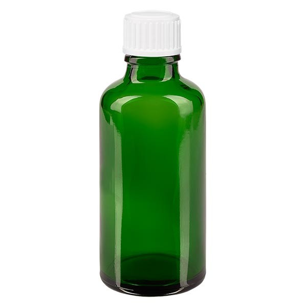 Flacon pharma. vert 50 ml bouch. à vis blanc globules st