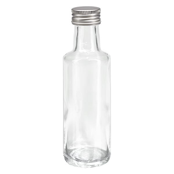 Bouteille à liqueur 100 ml ronde, en verre clair + capsule à vis argentée en aluminium (PP 24 mm)