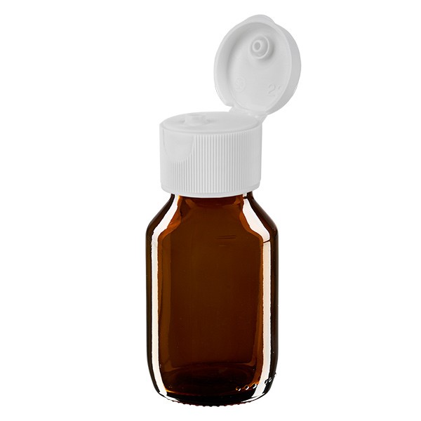 Flacon médical de 50 ml avec couvercle blanc à charnière