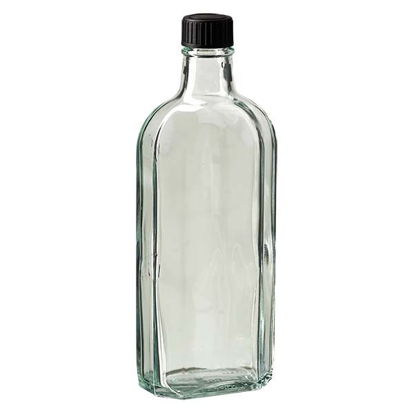 Flasque transparente de 250 ml au goulot DIN 22, avec bouchon à vis DIN 22 noir et joint LKD