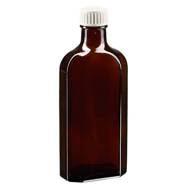 Flasque brune de 150 ml au goulot DIN 22, avec bouchon à vis DIN 22 blanc en PP avec joint mousse en PE
