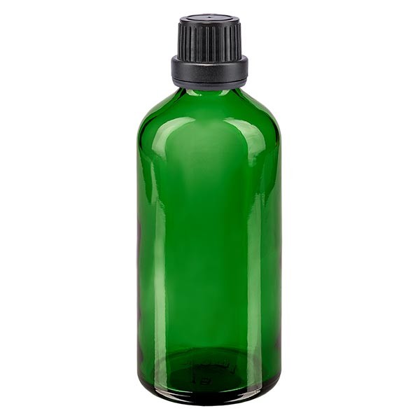 Flacon pharma. vert 100 ml bouch. compte-g. prem. 2 mm noir inviol.