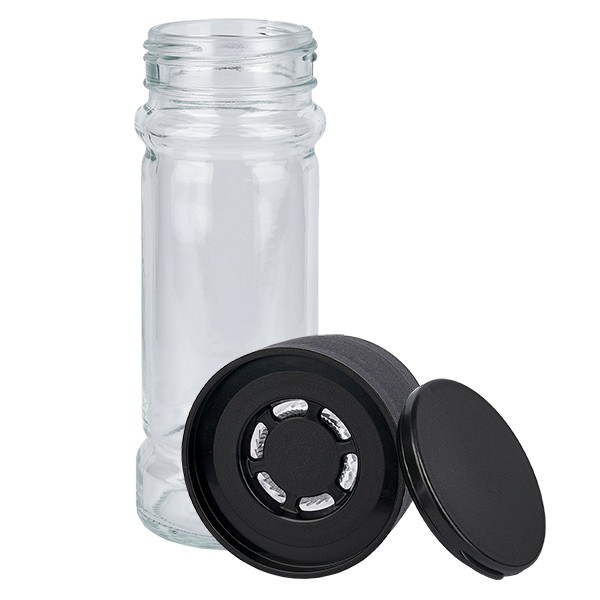Pot à épices de forme cylindrique 100 ml avec filetage 41 mm, en verre clair avec couvercle à broyeur dévissable, noir