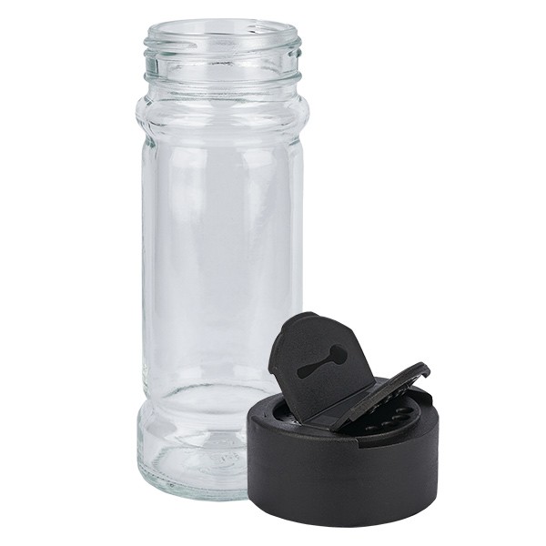 Pot à épices de forme cylindrique 100 ml avec filetage 41 mm, en verre clair avec couvercle saupoudreur dévissable, noir