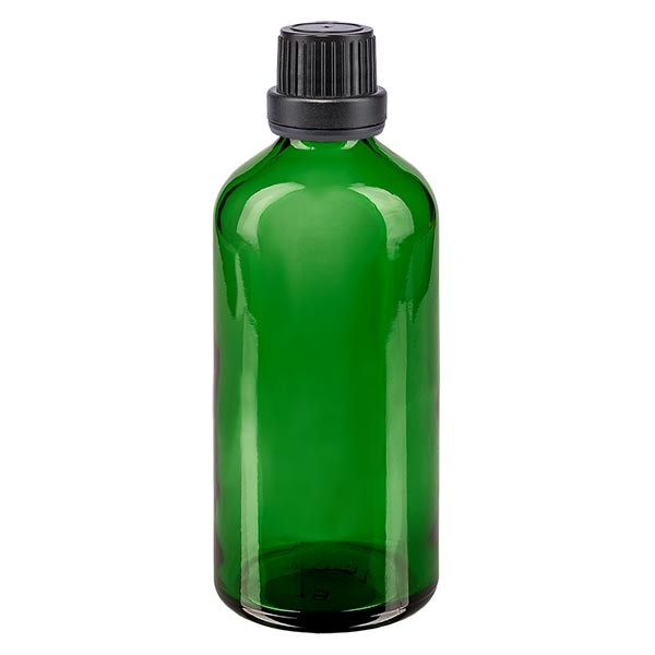 Flacon pharma. vert 100 ml bouch. à vis noir étanche inviol.