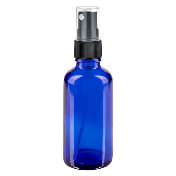 Flacon compte-gouttes bleu 50 ml avec vaporisateur à pompe noir