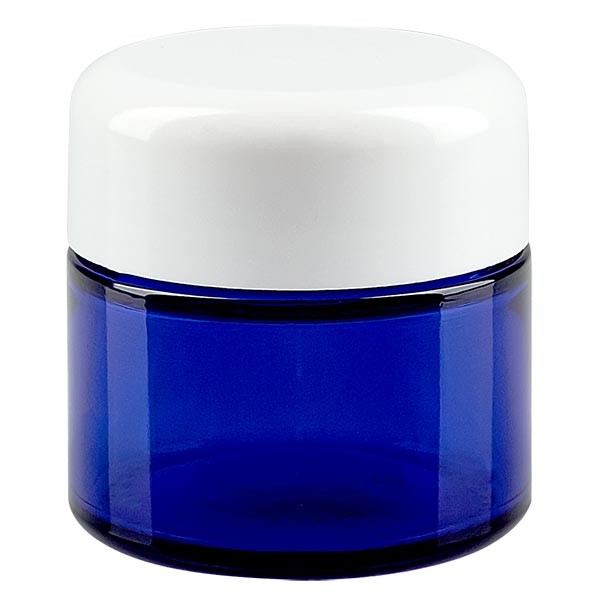 Pot en verre bleu roi 50 ml, avec couvercle, filetage 52 mm