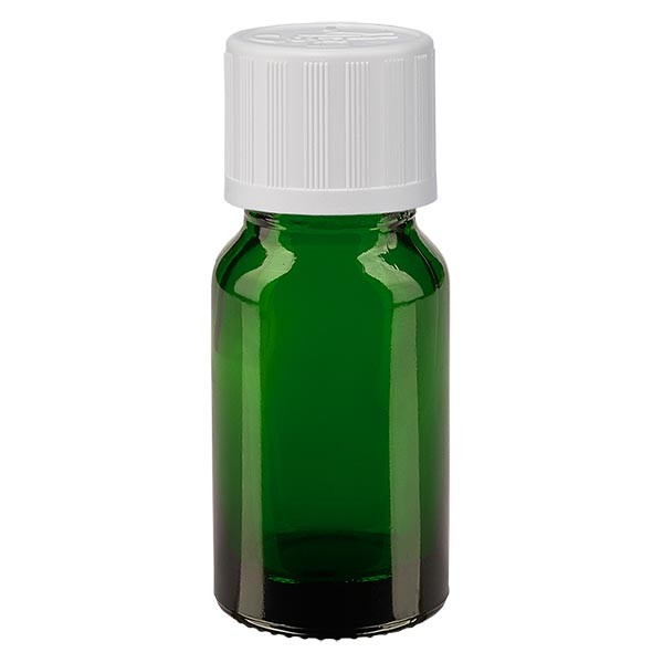 Flacon pharma. vert 10 ml bouch. à vis blanc séc. enf. st