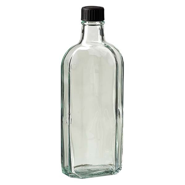 Flasque transparente de 250 ml au goulot DIN 22, avec bouchon à vis DIN 22 noir et joint PEE