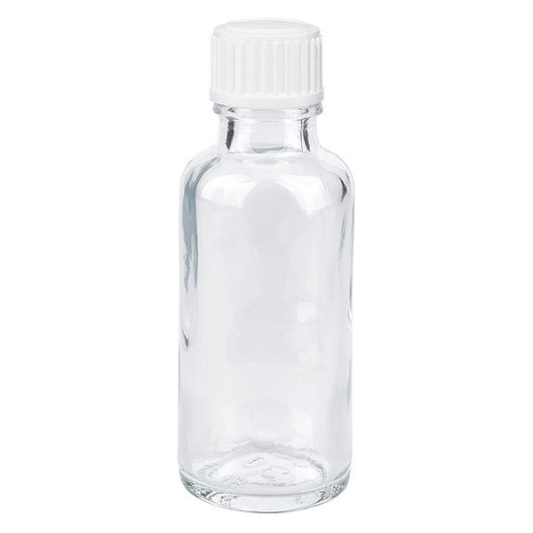 Flacon pharma. clair 30 ml bouch. compte-g. blanc 0,8 mm st