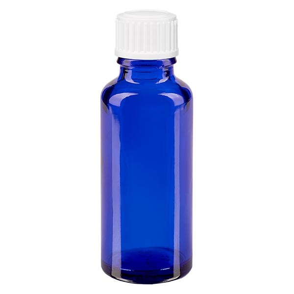 Flacon pharma. bleu 30 ml bouch. compte-g. blanc 0,8 mm st
