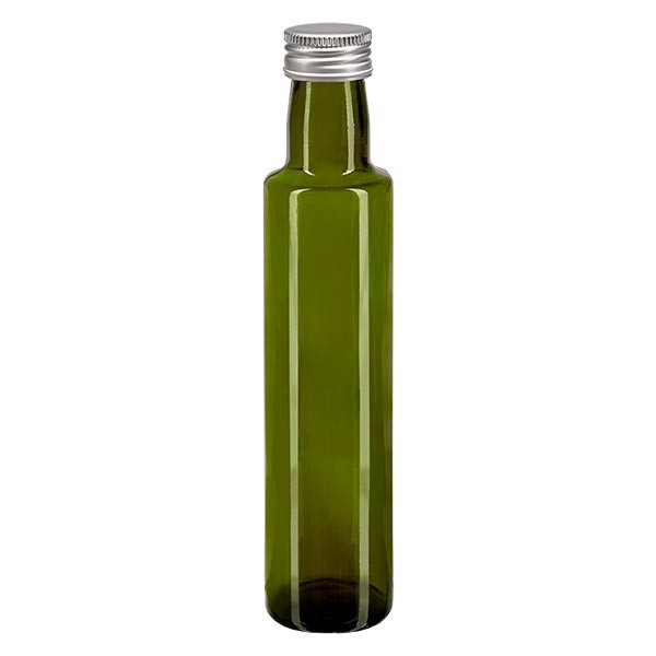 Bouteille d&#039;huile 250 ml ronde, vert olive + capsule à vis argentée en aluminium (PP 31,5 mm)