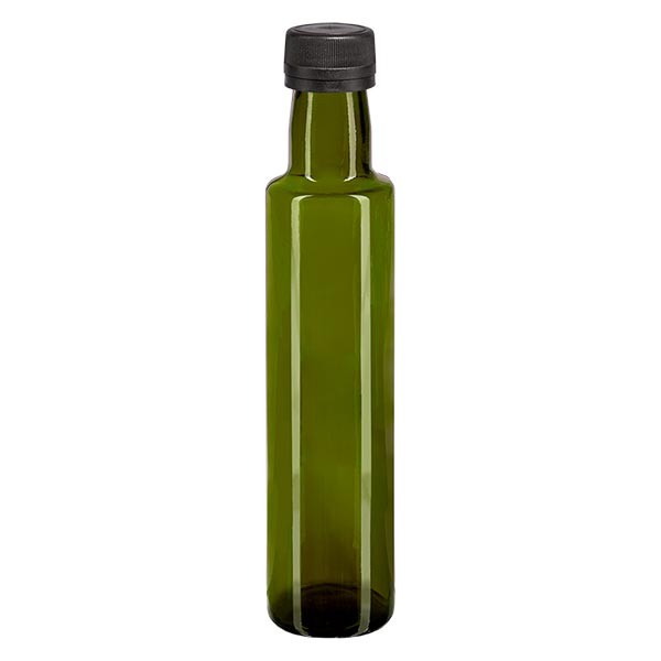 Bouteille d&#039;huile 250 ml ronde, vert olive + capsule à vis noire (PP 31,5 mm), bague anti-gouttes et système d&#039;inviolabilité