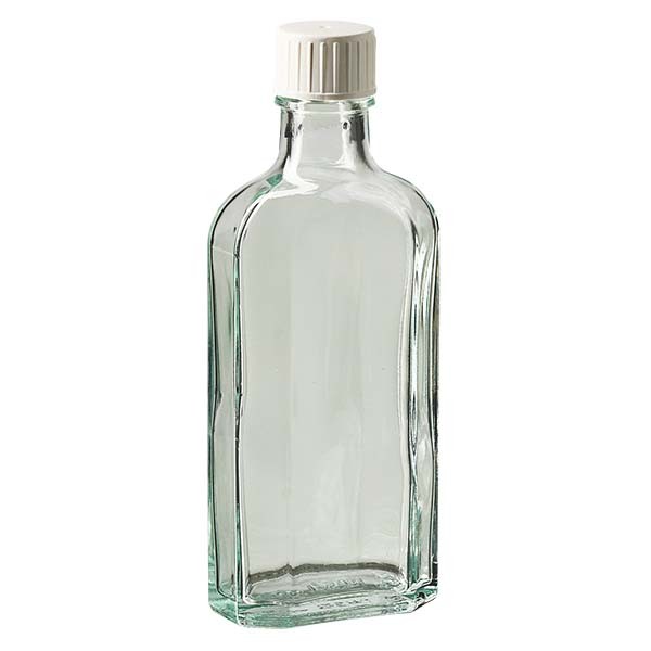 Flasque transparente de 125 ml au goulot DIN 22, avec bouchon à vis DIN 22 blanc et bague anti-gouttes