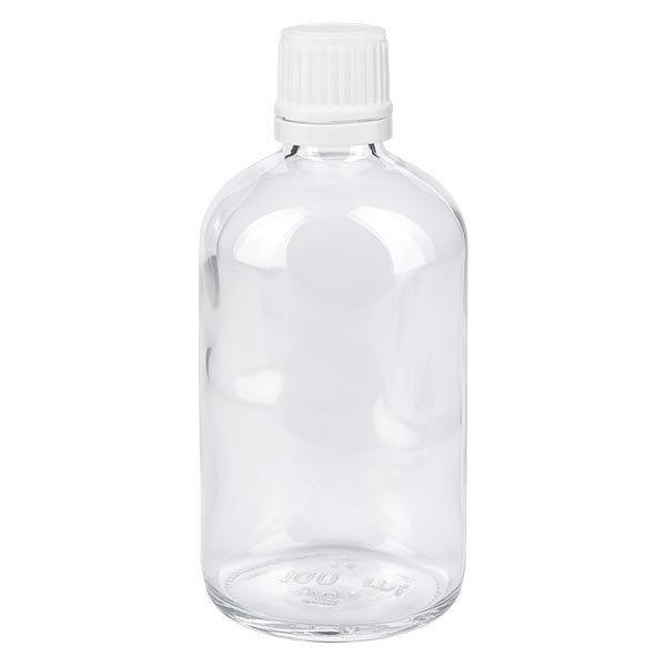 Flacon pharma. clair 100 ml bouch. à vis blanc inviolable