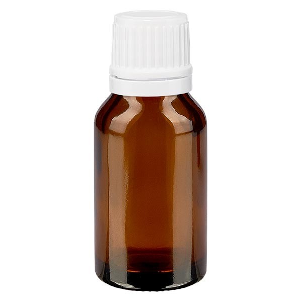 Flacon pharmaceutiquae ambre 15 ml bouchon compte-gouttes blanc bague inviolable