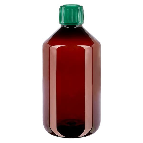 Flacon médical de 500 ml en PET, avec bouchon à vis vert PP28