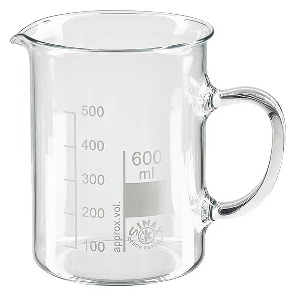 Becherglas 600ml mit Henkel aus hitzefestem Borosilikatglas (normale Form)
